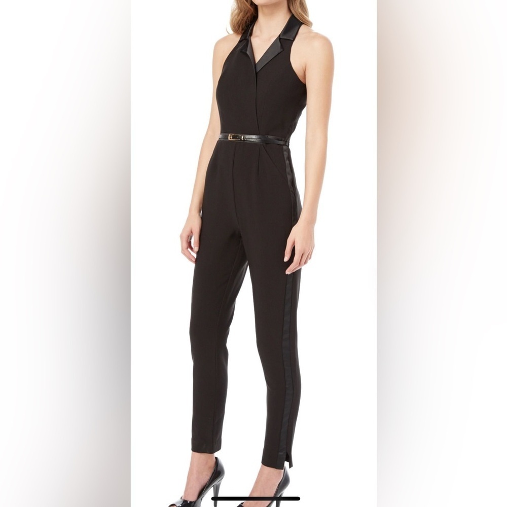 XOXO Black Tuxedo Jumpsuit Satin Lapel Sleeveless Evening Chic